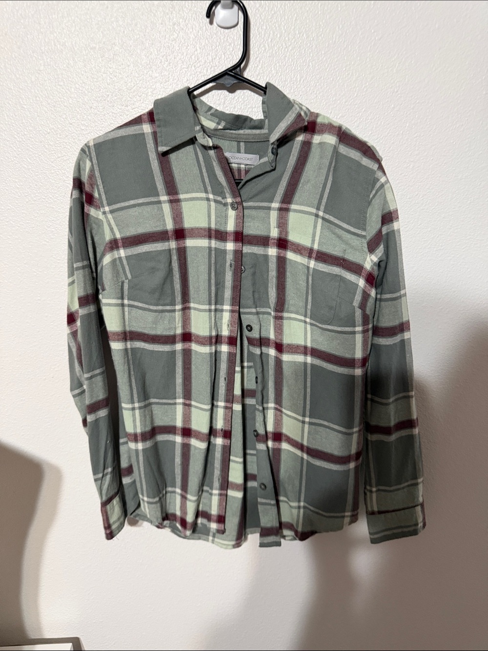 Relaxed Plaid Button-Down Shirt in Sage Green and Burgundy